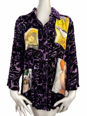 URU Wearable Art Purple Burnout Velvet Button Front Shirt uru Sz 2 silk ryon